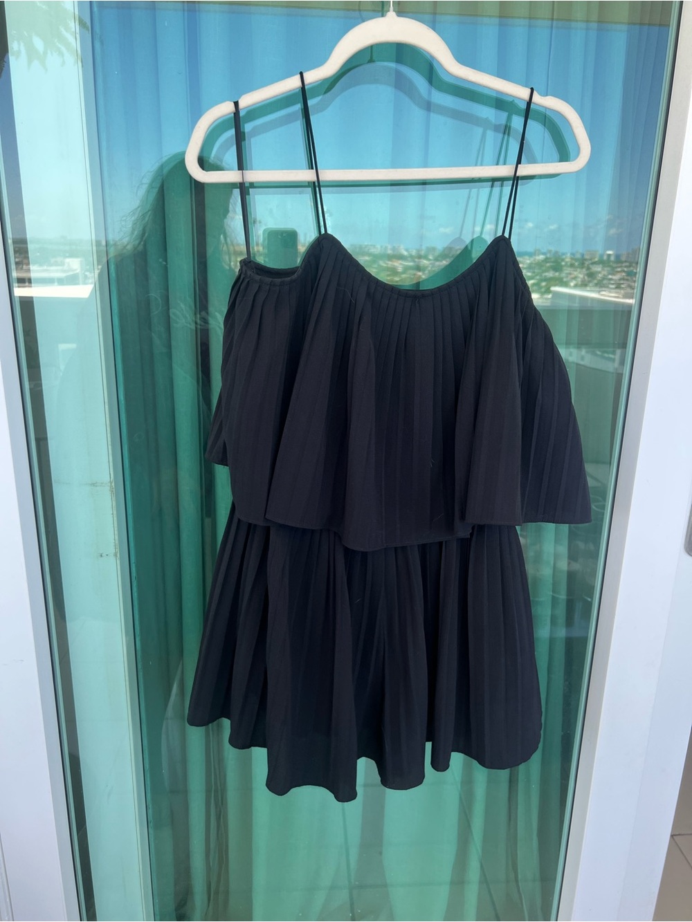 She + Sky Black Pleated Tiered Romper with Spaghetti Straps